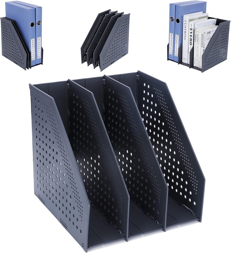 FRETONBA Collapsible Magazine File Holder with 3 Vertical Compartments Foldable Binder Holder for Desk Binder Storage Organizer Plastic Magazine Holders for Shelf, Dark Gray - Image 1
